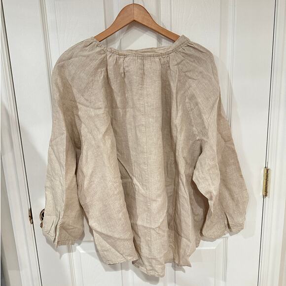 Buykud 2XL Linen Blouse Beige Long Sleeve Embroidered Leaf Oversized Boho Top - Picture 5 of 10